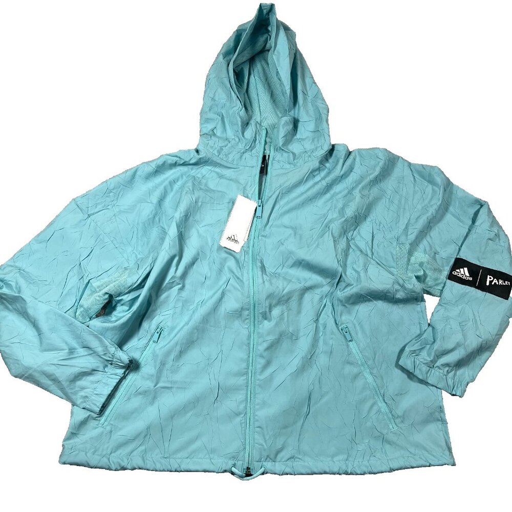 Adidas Parley Womens Small WND Prime Blue Hooded Windbreaker Jacket NWT